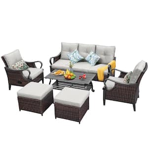 Residental Brown 6-Pieces Wicker Patio Outdoor Sectional Conversation Set with Grey Cushions