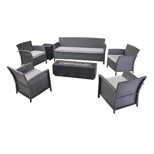 St. Lucia Gray 7-Piece Wicker Patio Fire Pit Conversation Set with Silver Cushions