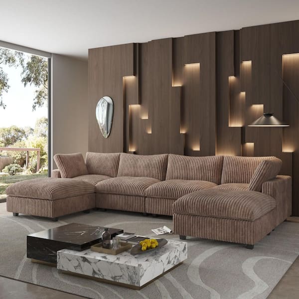 J&E Home 157.48 in. Square Arm 6-Piece Rabbit Velvet Plush Modular Free Combination Sectional Sofa with Ottoman in Brown