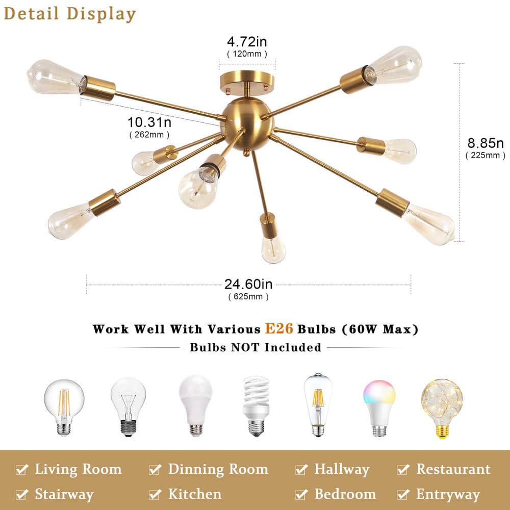 Gold Metal 8-Light Sputnik Semi Flush Mount Ceiling Light