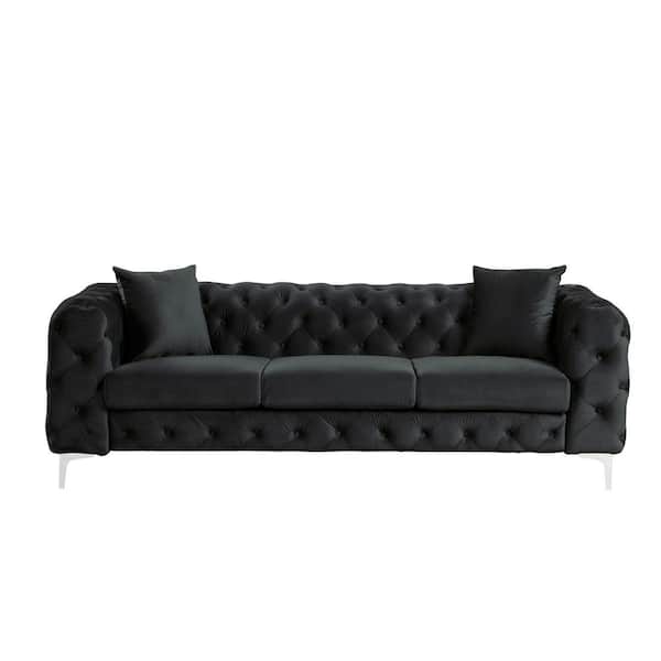 Morden Fort 85 in. Square Arm Dutch Velvet Couch with Button Tufted Modern Contemporary Rectangle Solid Wood Frame Sofa in. Black