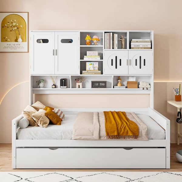 Harper & Bright Designs Multifunctional Full Size White Wood Daybed with Trundle, All-in-One Cabinet and Shelves