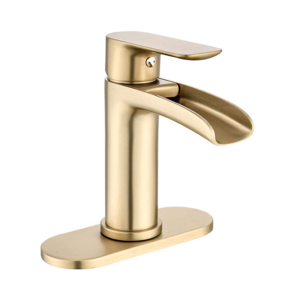 Brushed Gold Single Handle Waterfall Bathroom Faucet with Deck Plate