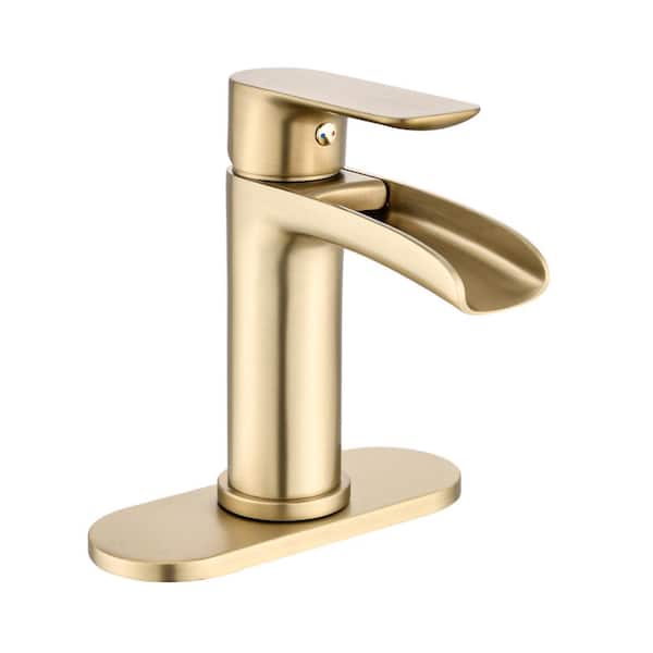 Lukvuzo Single Handle Bathroom Faucet with 1 or 3 Hole Vanity Waterfall Faucet with Deck Plate and Pop Up Drain in Brushed Gold