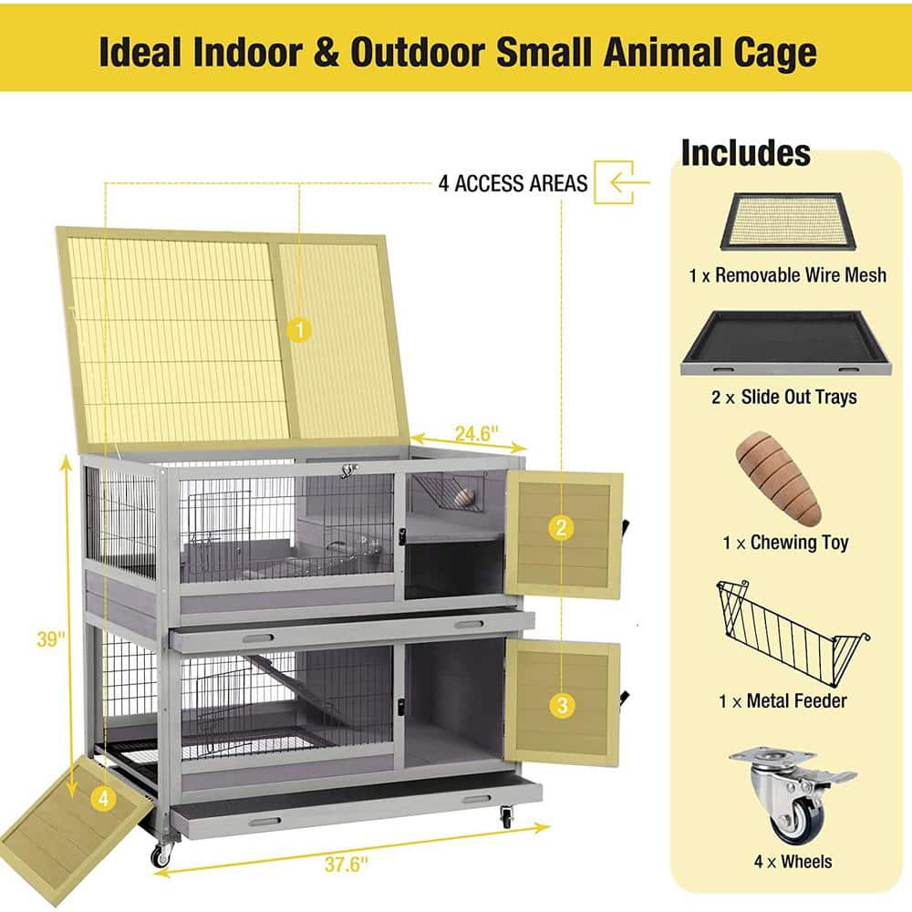 Gray Double-Level Indoor Outdoor Rabbit Hutch with Wheels