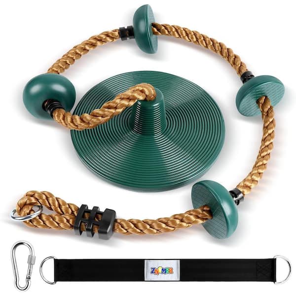 Green Climbing Rope with Platforms and Disc Swing Seat Set Playground Accessories Including Bonus Hanging Strap