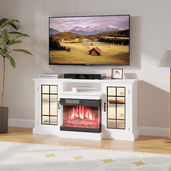 3-Sided Glass 70 in. Freestanding Wooden Smart Electric Fireplace TV Stand 80 in. White