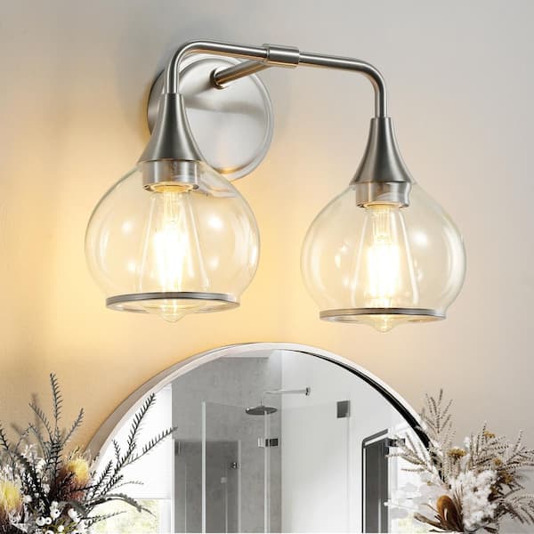 KAISITE 14.2 in. 2-Light Brushed Nickel Bathroom Vanity Light with Clear Globe Glass Shades