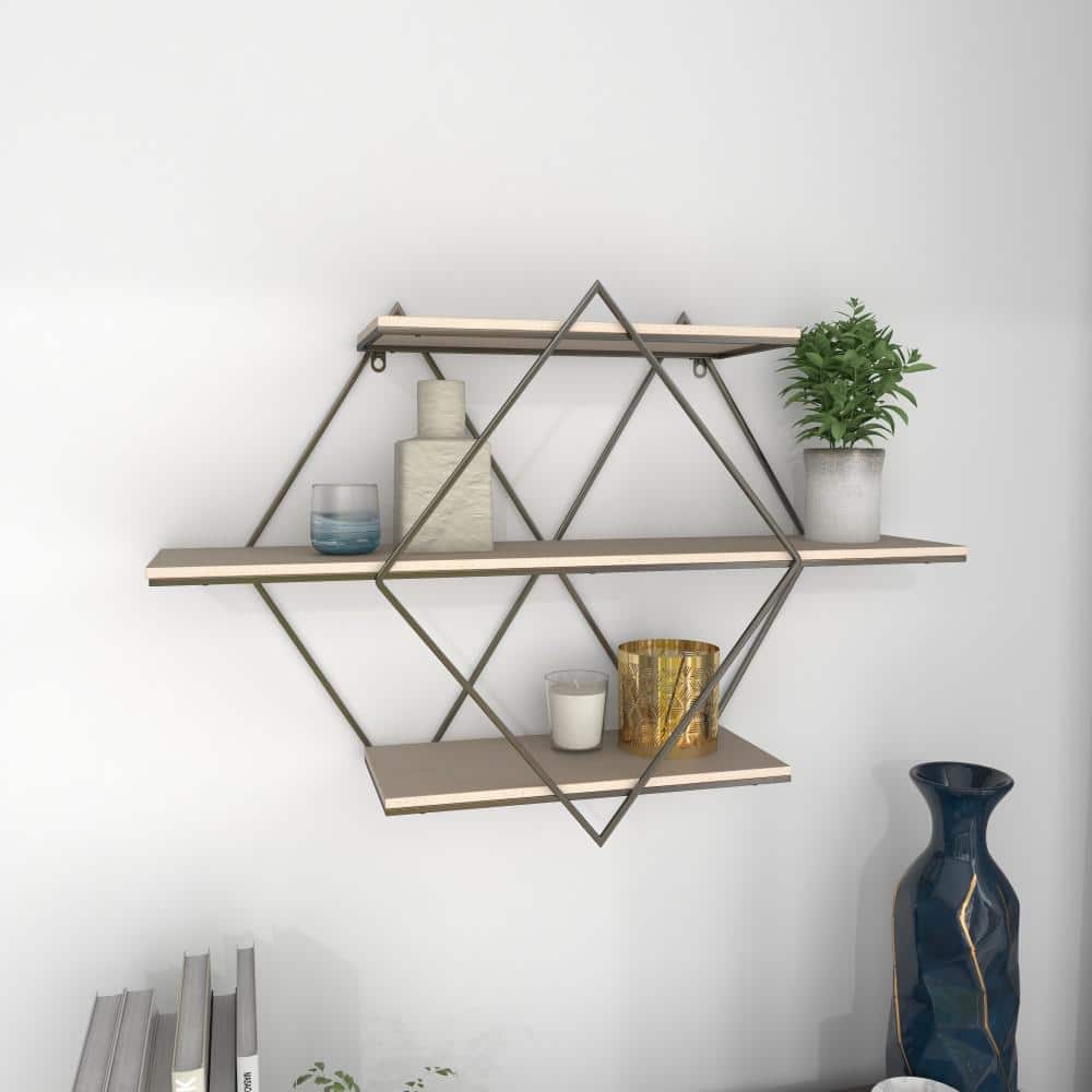 Brown Wood Geometric Wall Shelf with Metal Frame