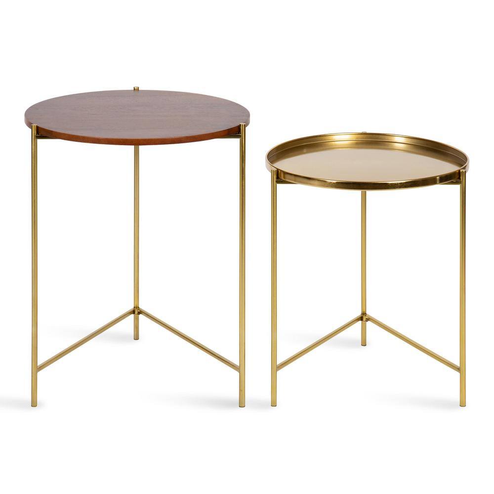 Ulani Nesting Side Table Set, Walnut Brown Wood and Gold Metal