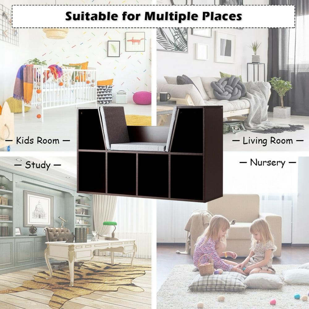 Brown 6-Cubby Kid Storage Bookcase with Cushioned Reading Nook