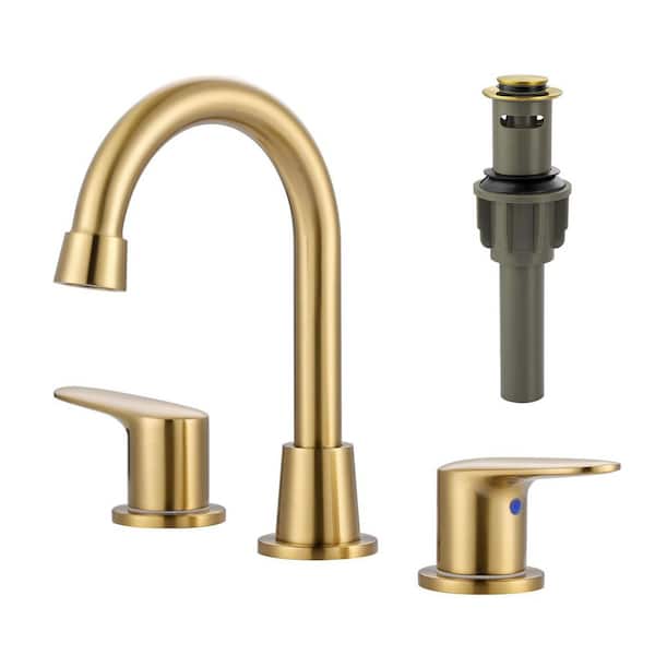 8 in. Widespread Double Handle Bathroom Faucet with Drain Kit Inclued in Brushed Gold