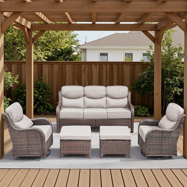 Arcadia Brown 5-Piece Wicker Patio Conversation Set with Swivel Gliders and 6 in. Thick Olefin Beige Cushions