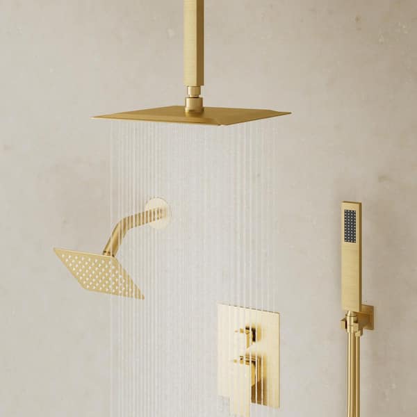 3-Spray Ceiling Mount 10 and 6 in. Dual Shower Head and Handheld Shower Head in Brushed Gold (Valve Included)