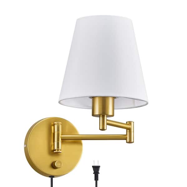 Merra Modern 1-Light Gold Swing Arm Wall Lamp with White Fabric Shade and 72" Cord for Bedroom and Foyer