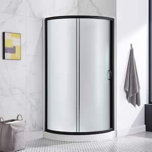 Breeze 33 in. L x 33 in. W x 77 in. H Corner Shower Kit with Frosted Sliding Door in Black, Shower Pan, and Walls