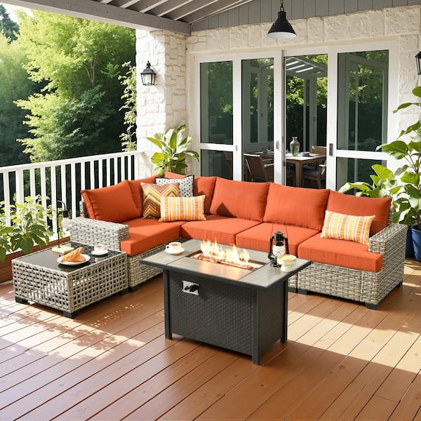 Silvae Gray 7-Piece PE Rattan Wicker Modern Outdoor Patio Conversation Sets with Fire Pit Table and Orange Red Cushion