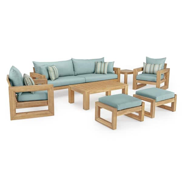 RST Brands Benson 8-Piece Wood Patio Conversation Set with Bliss Blue Cushions