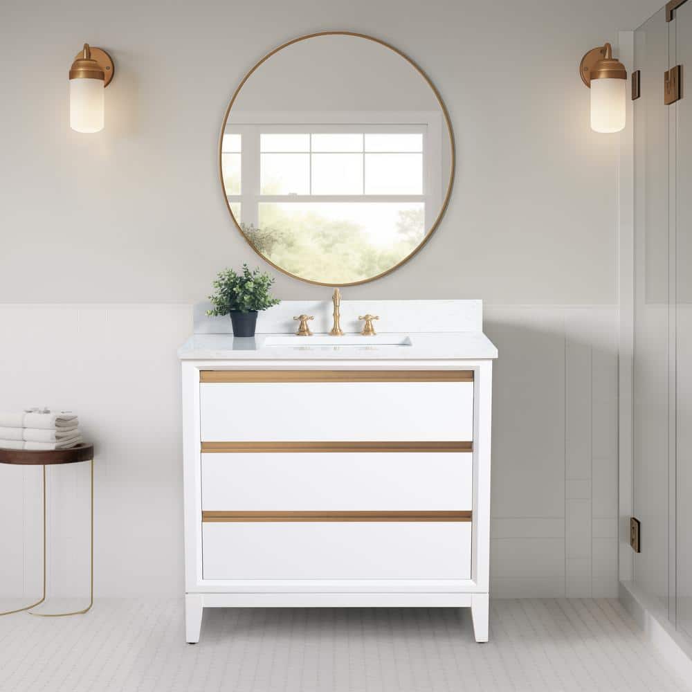 White and Gold 36" Freestanding Bathroom Vanity with Engineered Marble Top