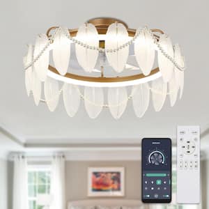 20 in. Smart Indoor French Gold Low Profile Feather Shaped Crystal Flush Mount Ceiling Fan with lights, Remote Included