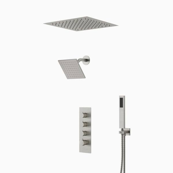 SWAINS Thermostatic 5-Spray Ceiling Mount Handheld Shower Head 2.5 GPM LED Chromotherapy Shower Faucet in Brushed Nickel