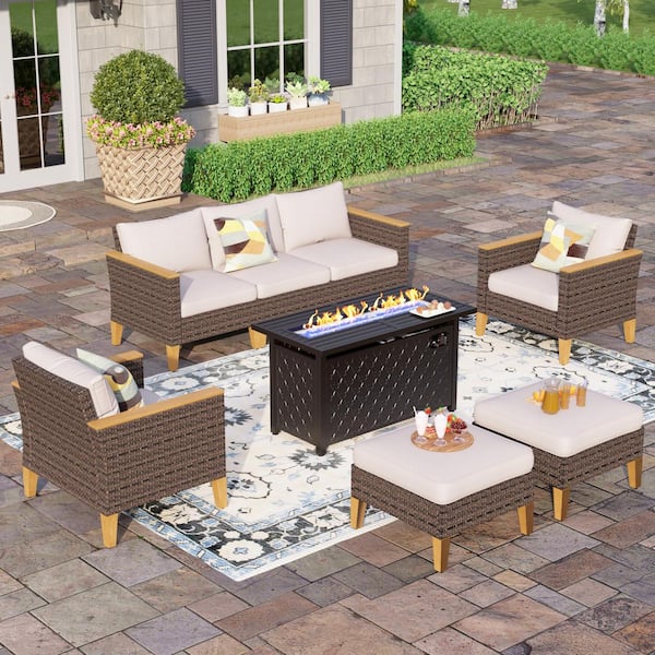 PHI VILLA Brown Wicker Rattan 7 Seat 8-Piece Steel Outdoor Patio Conversation Set with Beige Cushions, Rectangular Fire Pit Table