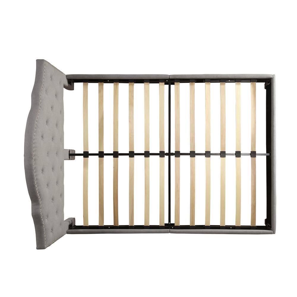 Contemporary Ash Gray Queen Platform Bed with Tufted Upholstery and Nailhead Trim