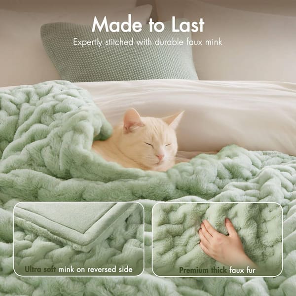 Madison Park Ruched Fur Sage Green Polyester Throw Blanket MP50