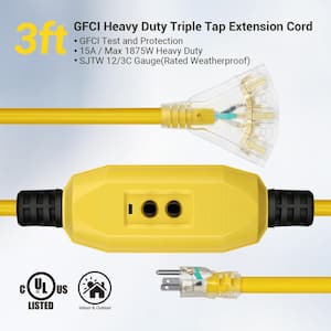 Heavy-Duty 3 ft. 12/3 Gauge Outdoor GFCI Extension Cord Manual with LED Lighted 3 Prong Plug, Yellow