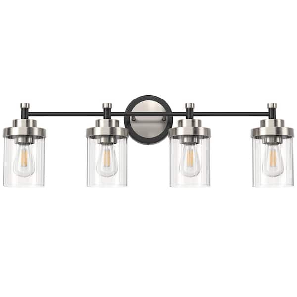 Merra 31.5 in. 4-Light Black and Nickel Modern Dimmable Vanity Light with Clear Ribbed Glass Shades E26 Sockets