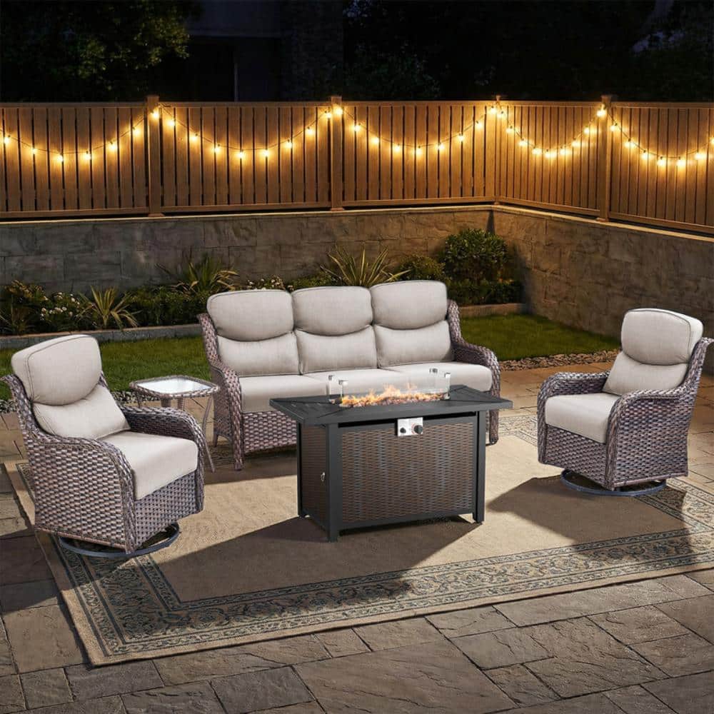 Smiley Brown Wicker 5-Piece Patio Conversatoin with Outdoor Fire Pit Table, Swivel Glider and 5inch Beige Cushions price history on PriceWatchPro
