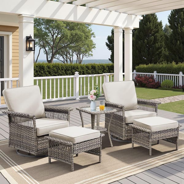 5-Piece Swivel Wicker Outdoor Lounge Chair, Patio Rocking Chair Set with Beige Cushions, 360° Rotation
