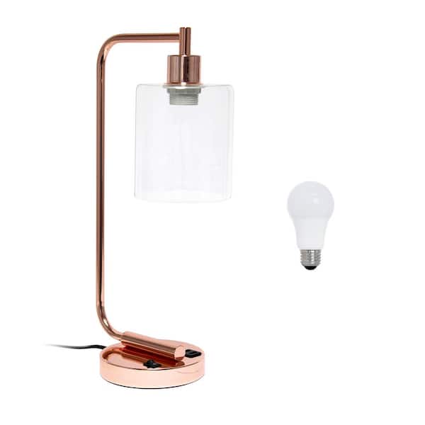Simple Designs 18.8 in. Rose Gold Industrial Antique Style Iron Lantern Table Lamp with Glass Shade and USB Port, LED Bulb Included