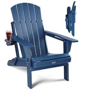 Navy HDPE Outdoor Folding Plastic Adirondack Chair with Cupholder