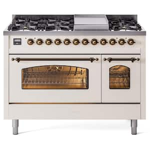 Nostalgie II 48 in. 8-Burner Plus Griddle Double Oven Natural Gas Dual Fuel Range in Antique White with Bronze Trim