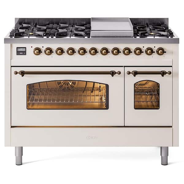ILVE Nostalgie II 48 in. 8-Burner Plus Griddle Double Oven Liquid Propane Dual Fuel Range in Antique White with Bronze Trim