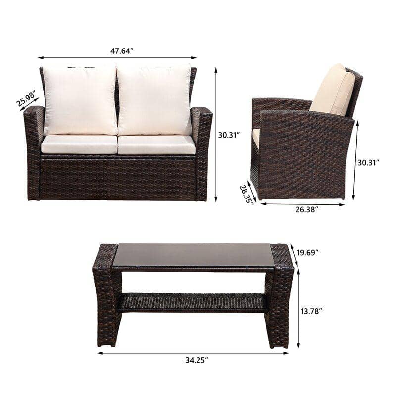 4-Piece Brown Steel Frame Patio Set with Beige Cushions