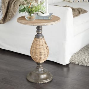 15 in. Brown Large Round Wood End Accent Table with Black Metal and Rattan Base