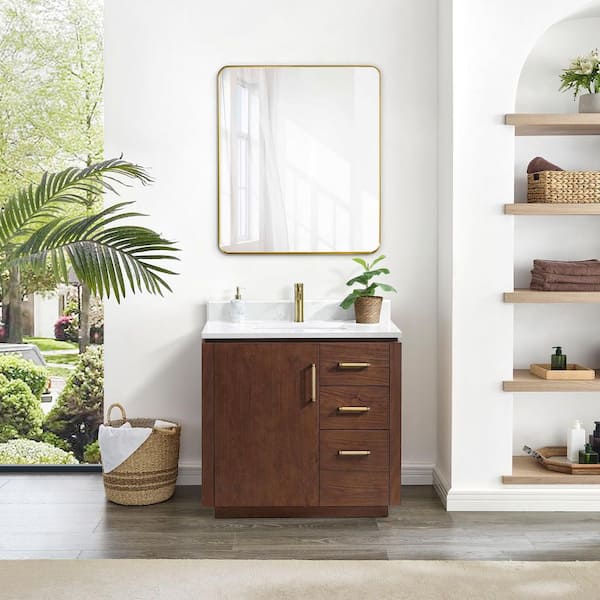 San 36 in.W x 22 in.D x 33.8 in.H Single Sink Bath Vanity in Natural Walnut with White Composite Stone Top and Mirror