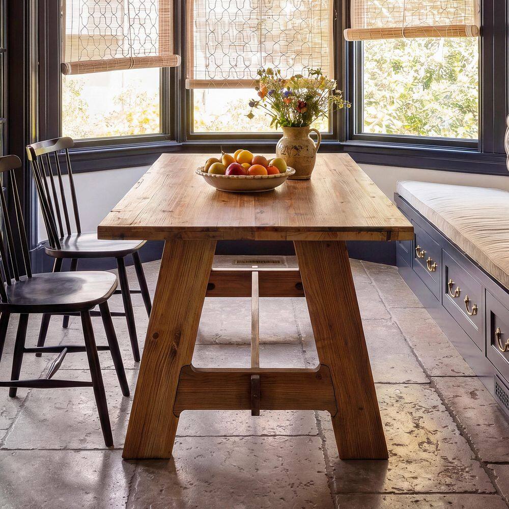 Roesler Oak Solid Wood Kitchen Table, 63 in. Trestle Rectangle Natural Wood Dining Table for 6 People