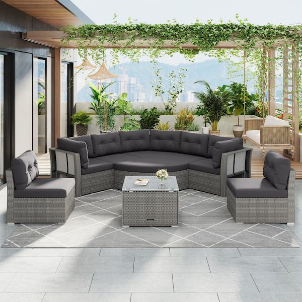 9-Pieces Wicker Outdoor Sectional Set with Gray Cushions and Center Table