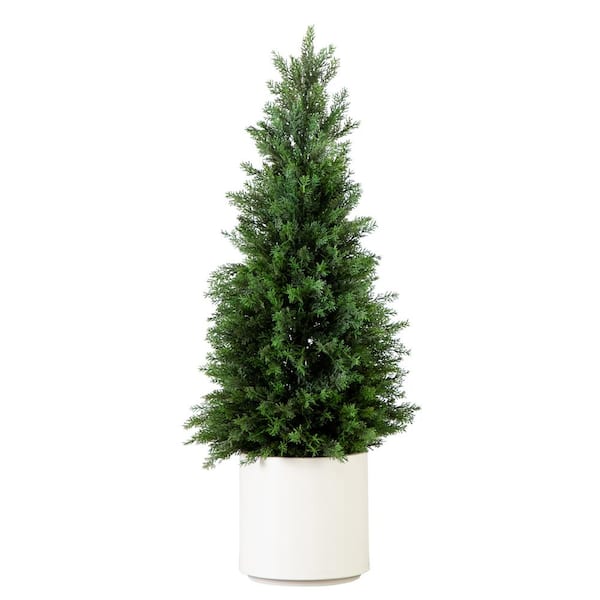 Nearly Natural 3 ft. UV Resistant Artificial Cedar Tree in Decorative White Planter (Indoor/Outdoor)