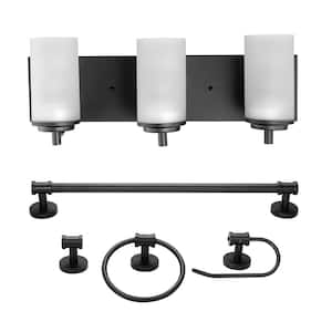 Carla 19 in. 3-Light Dark Bronze Vanity Light with Frosted Glass Shades and Bath Set (5-Piece), Bulbs Included