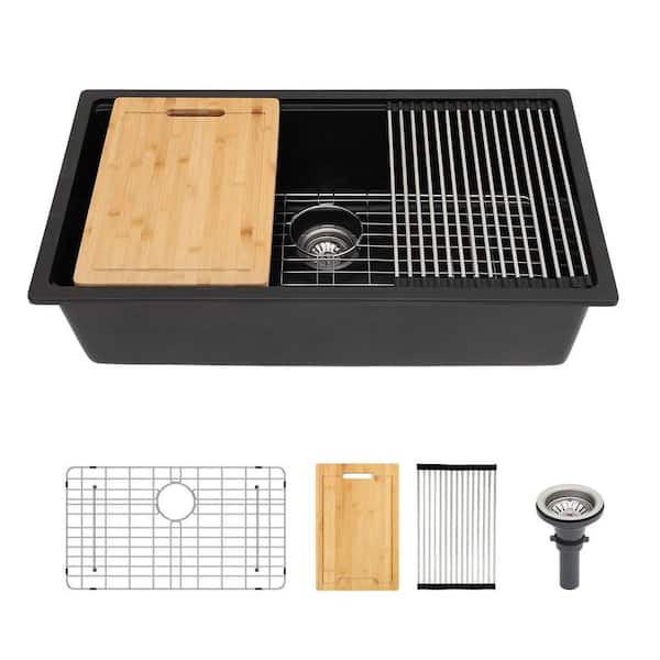 33 in. Undermount Single Bowl Matte Black Granite Composite Workstation Kitchen Sink with Cutting Board