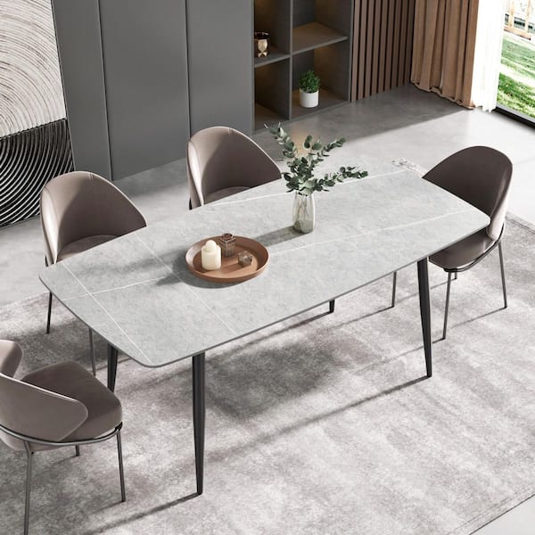 Magic Home 70.87 in. Gray Sintered Stone Dining Table with 4 Metal Legs in Black