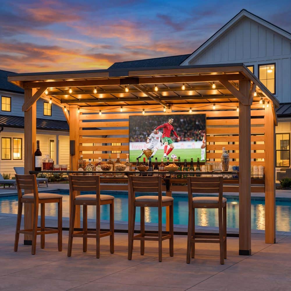 ELPOSUN 8 ft. x 10 ft. Solid Cedar Wood Gazebo Bar Pavilion with TV ...