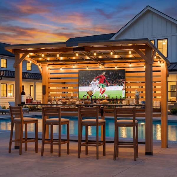 8 ft. x 10 ft. Solid Cedar Wood Gazebo Bar Pavilion with TV Mount-Outdoor Entertainment bar with Shelves for Backyard