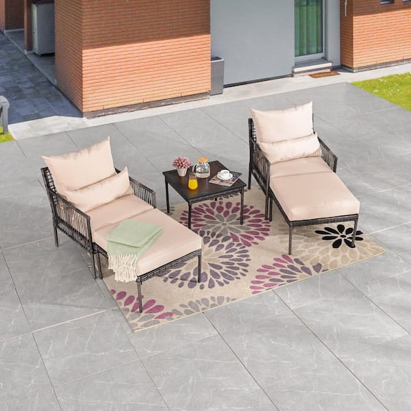 5-Piece Wicker Outdoor Conversation Set with Beige Cushions