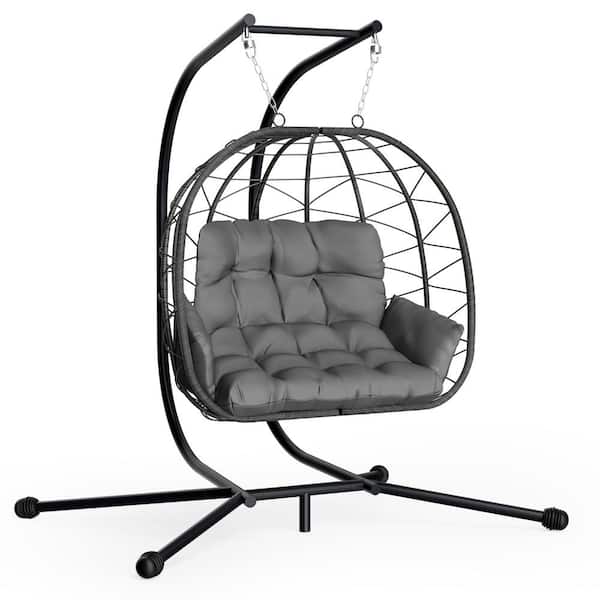 PamaPic Large 2-Person Hanging Wicker Double Egg Porch Swing Chair with Stand and Gray Cushion