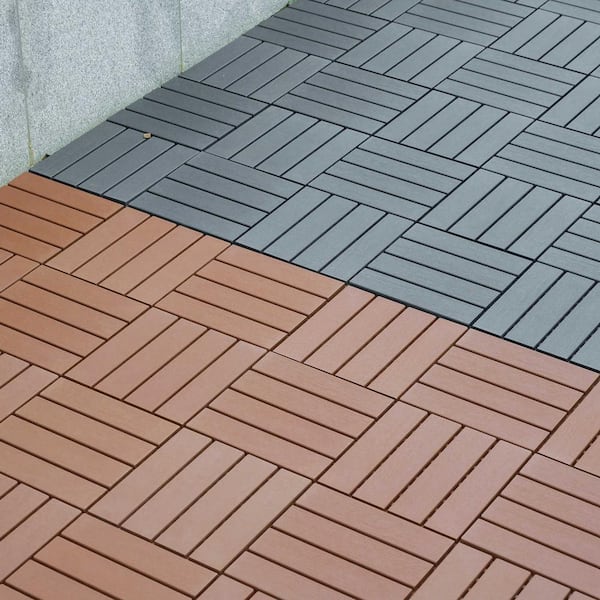 HOTEBIKE 11.8 in. x 11.8 in. Outdoor Polypropylene Interlocking Slat Patio and Decking Tiles Flooring in Dark Gray (44-pack)